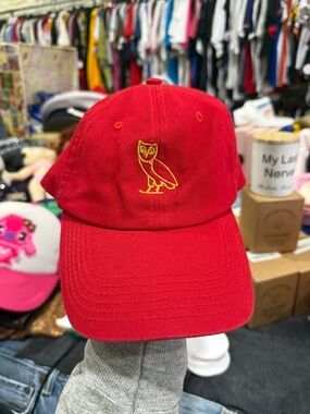 Drake OVO Red Baseball Cap with Gold Owl Embroidery